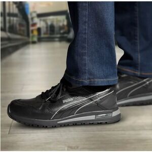 PUMA Safety Shoes For Crews Frontside Non-Slip Sneaker Black Leather Ms 7.5/Ws 9